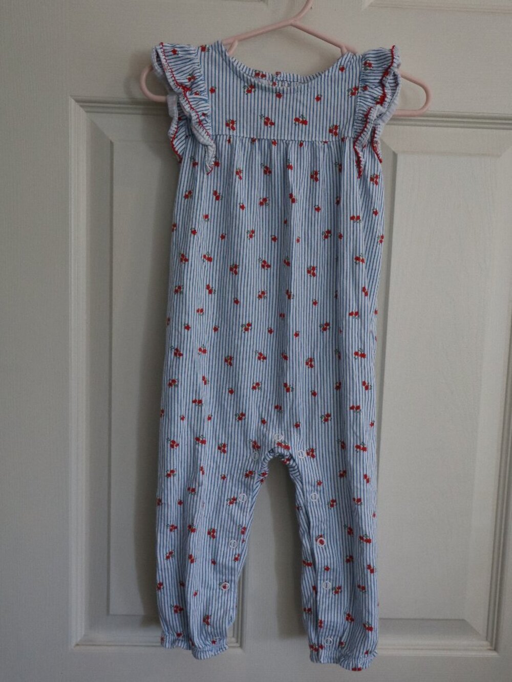 Carter's Jumper/Romper Blue stripes with red florals and ruffle sleeves Sz 18m